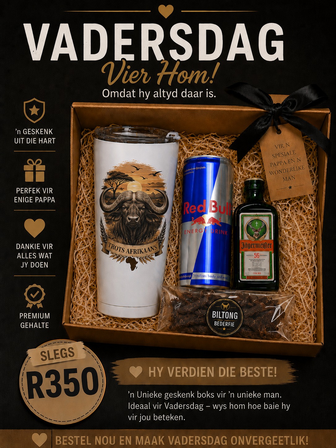 Vadersdag Trots Afrikaans Buffel tumbler geskenk stel R350