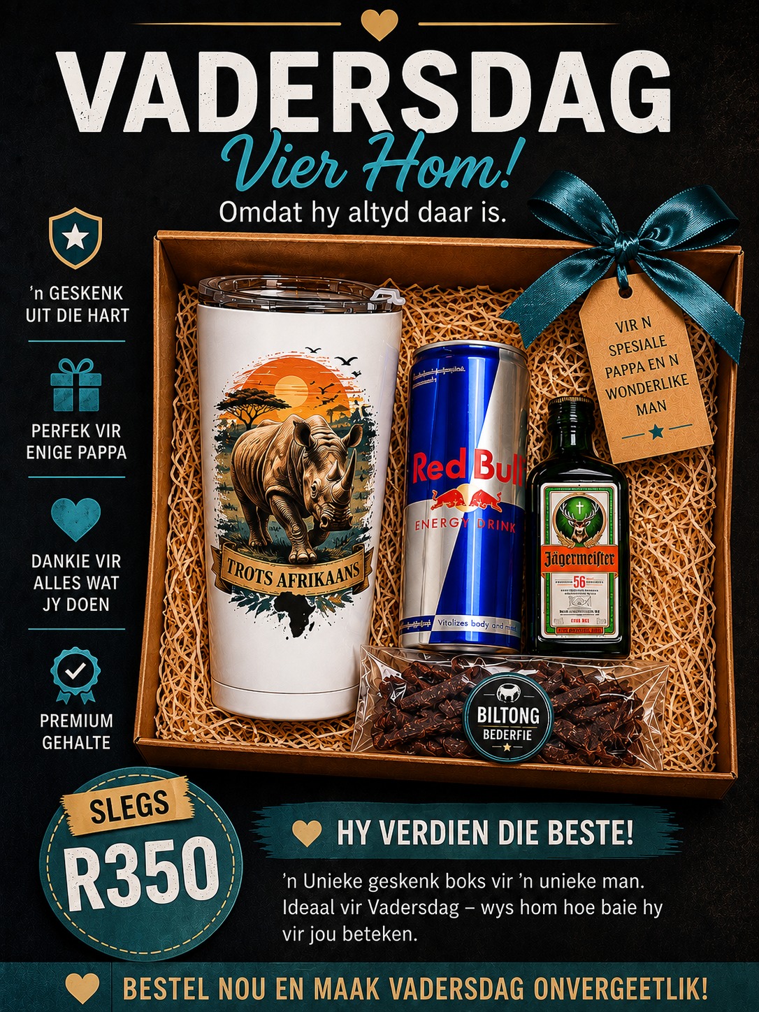Vadersdag Trots Afrikaans Renoster tumbler geskenk stel R350