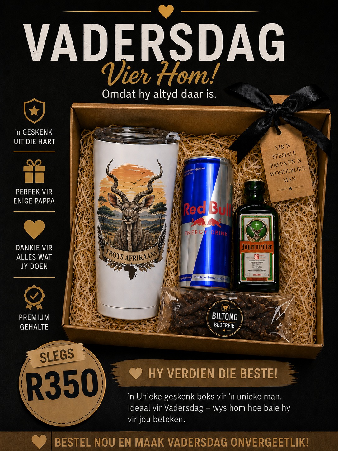 Vadersdag Trots Afrikaans Groot Koedoe tumbler geskenk stel R350
