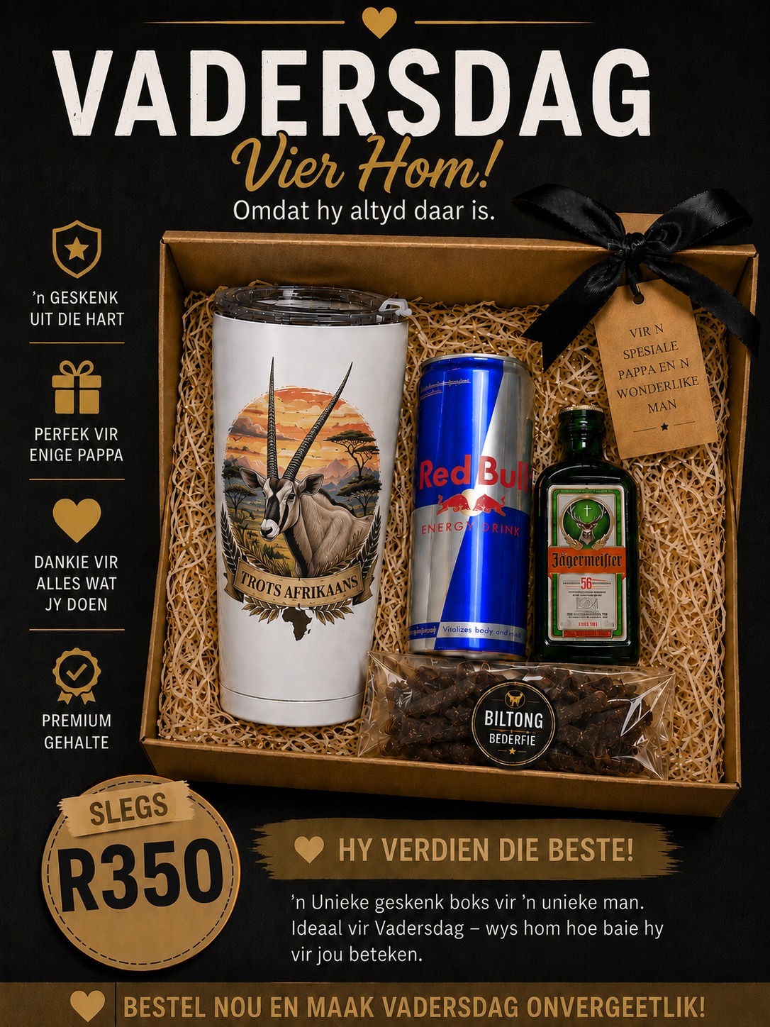 Vadersdag Trots Afrikaans Gemsbok tumbler geskenk stel R350