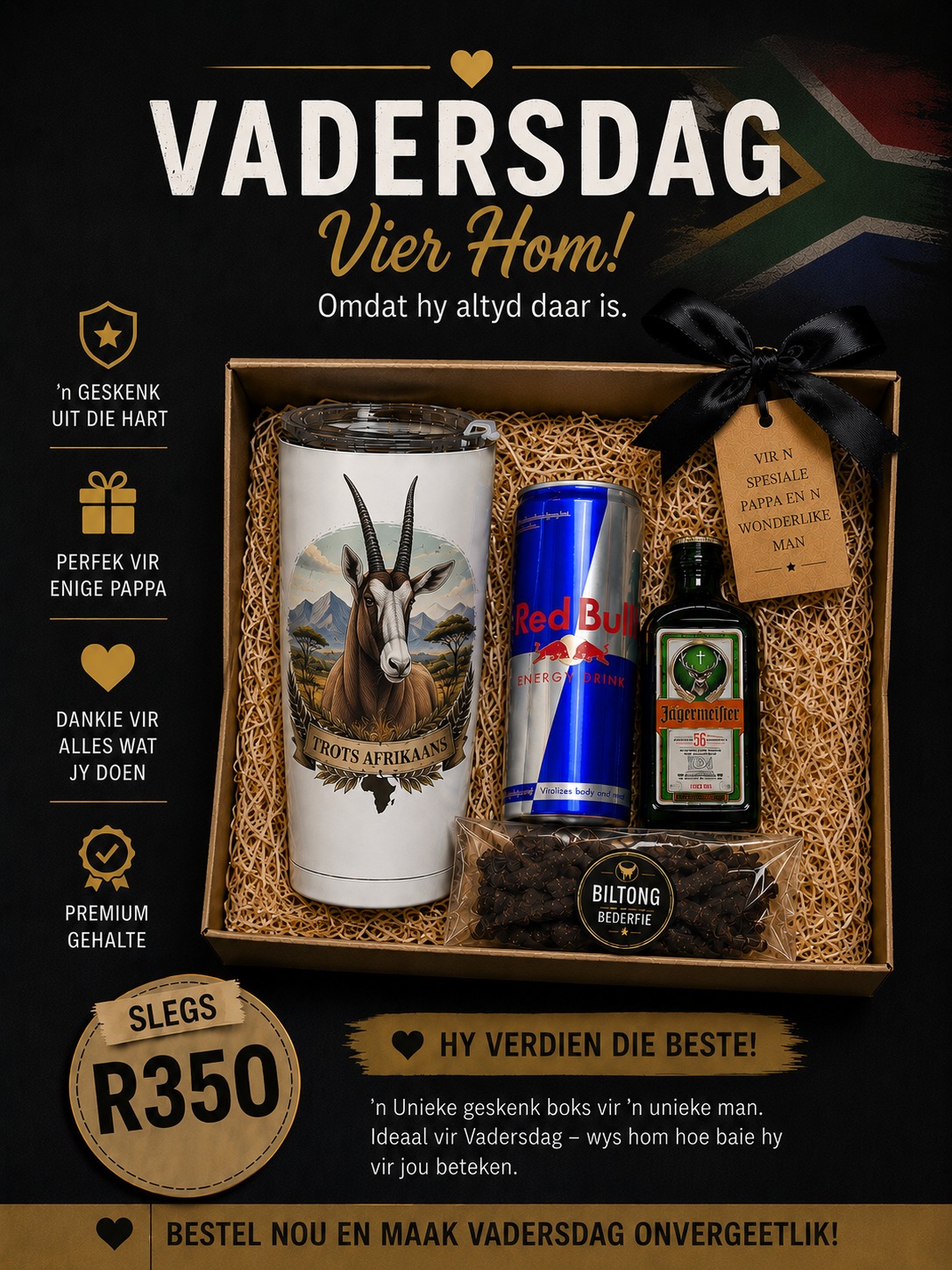 Vadersdag Trots Afrikaans Blesbok tumbler geskenk stel R350