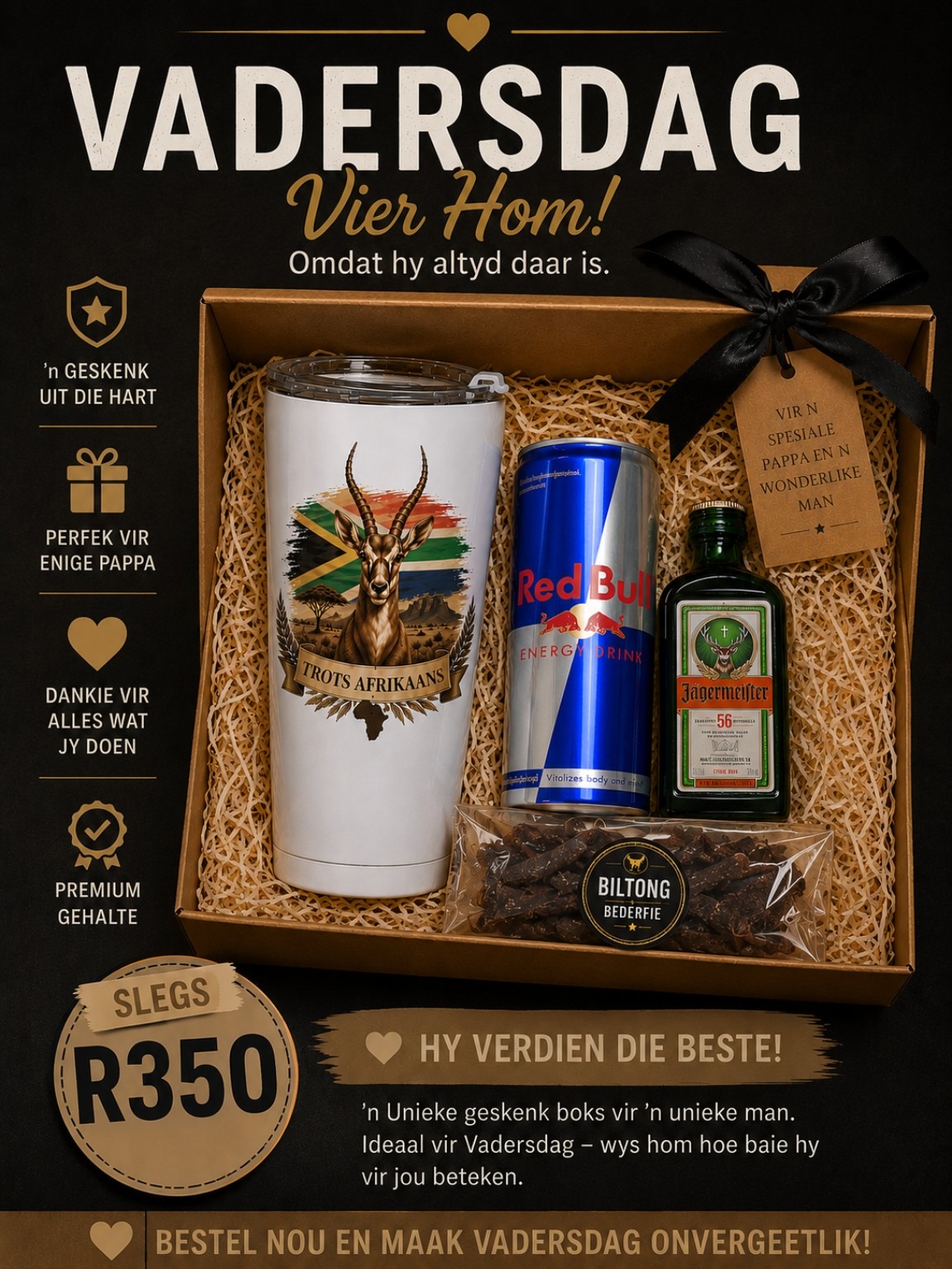Vadersdag Trots Afrikaans Springbok tumbler geskenk stel R350